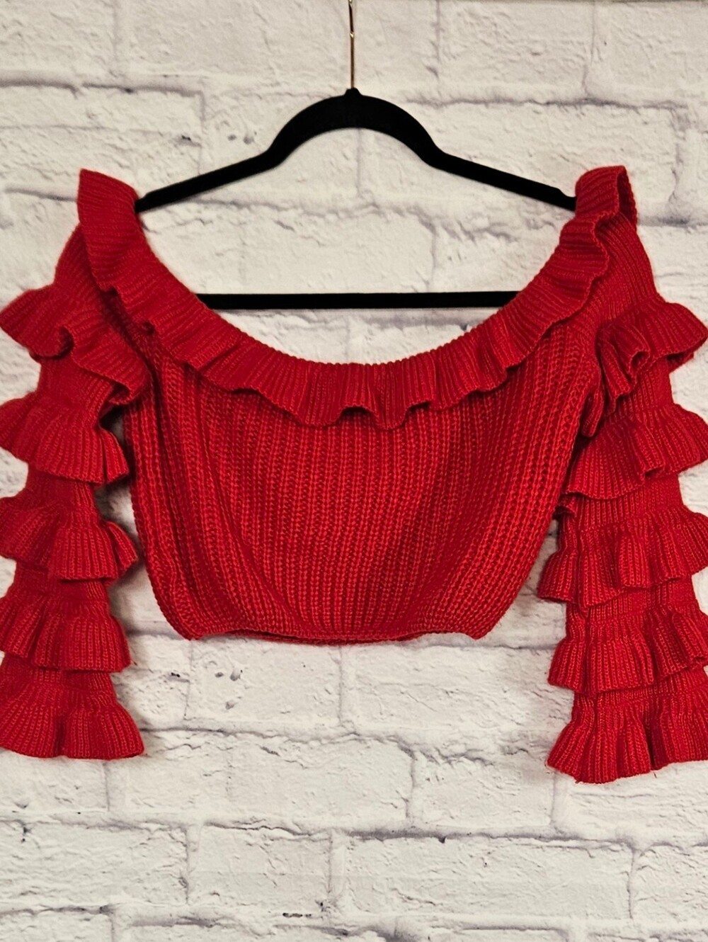 Fashion Nova Red Off Shoulder Ruffle Sleeve Knit Crop Sweater Top L - Picture 3 of 9